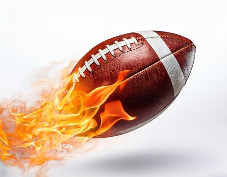 american footbal lball with bright flame flying on white background