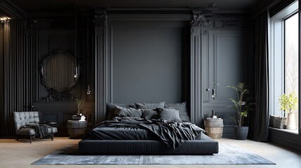 Luxurious large bedroom with black dark gray walls and a bed. Deep rich colors grey, graphite and white. Blank mockup background design room. Empty space for art. Generative AI.