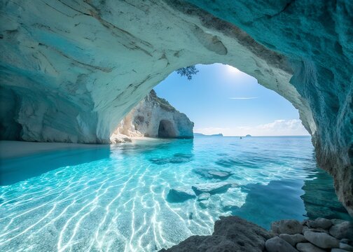 Captivating view inside a coastal cave revealing the sunlit turquoise ocean waters and a pristine white sandy beach on a sunny day. - Powered by Adobe