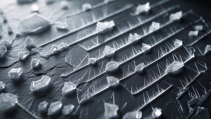 Layered ice crystals on textured stone, creating a linear and fragmented design. Cold concept.