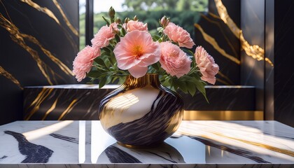 glossy d vase with modern design featuring marble texture and elegant flowers adds touch of sophistication to any household