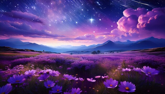 a dreamy violet field of flowers under a starry night sky with shooting stars and fluffy purple clouds
