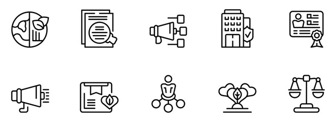 Modern Line Icons:  Global Sustainability, Corporate Compliance, Marketing Strategy,  Legal Justice, and  ESG Reporting for Business Presentations.