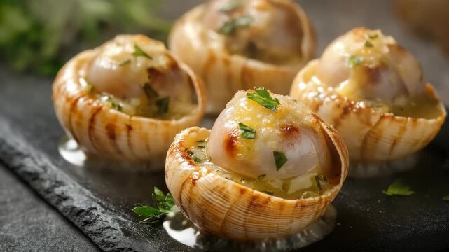 Gourmet bite-sized seafood stuffed shell appetizers. Flavored with herbs and served on a tray.