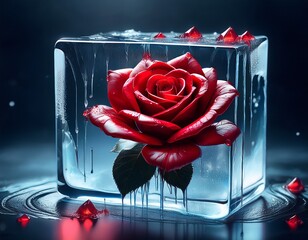 red rose flower in an ice cube wide with blood wide