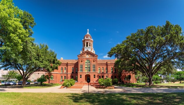 historic denton county courthouse building with rustic red brick exterior surrounded by lush greenery and tall trees against a bright blue texas sky