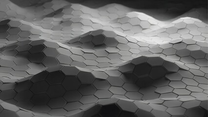 An abstract digital landscape of a monochrome hexagonal grid, with undulating waves creating a sense of data visualization and complex networks.