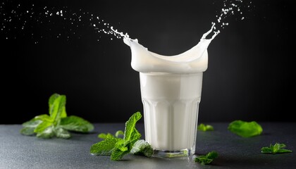 ayran doogh buttermilk kefir a glass of probiotic yogurt milk with splash and mint leaves vertical dark background