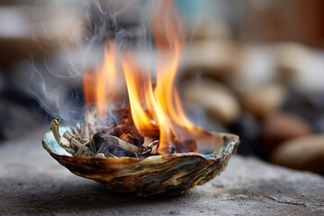 Close-up of sage burning in an abalone shell, smudging ceremony, symbolic cleansing ritual, 