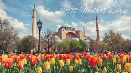 Mothers Day Greeting Card - Istanbul Turkey, Hagia Sophia, Blue Mosque, Spring Flowers, Colorful Tulips, Church