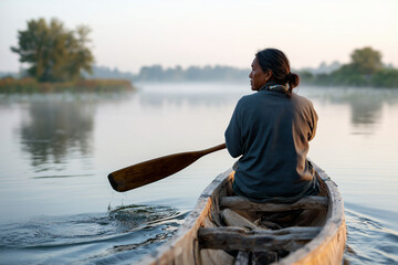 Indigenous man paddling a handcrafted canoe across lake at dawn, peaceful and reflective scene, nature and tradition,