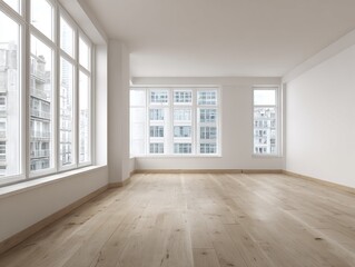 Fototapeta premium Empty Room Interior with Hardwood Floors and City View Windows
