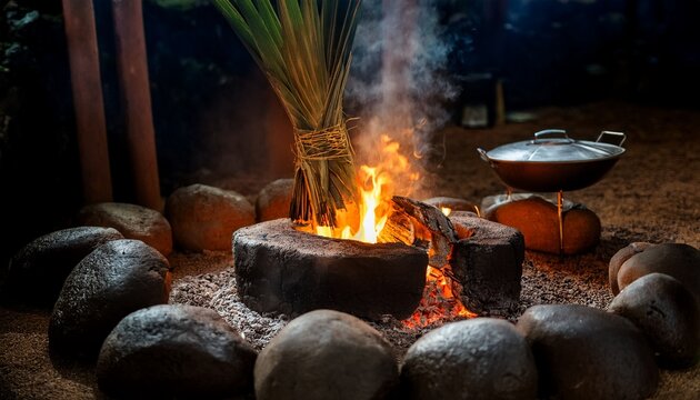 hot coals and rocks smoldering as the imu is prepared for a traditional hawaiian luau under low light conditions capturing the essence of hawaiian culture and cuisine