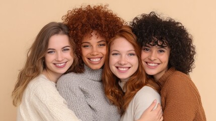 Fototapeta premium Four young women stand together, smiling widely and embracing each other, showcasing their diverse beauty. They wear cozy sweaters and radiate positive energy in a friendly environment.