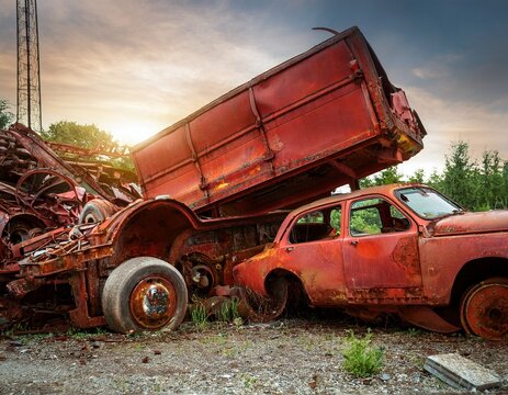rusting red vehicle scraps industrial decay and metal salvage scrap metalwork