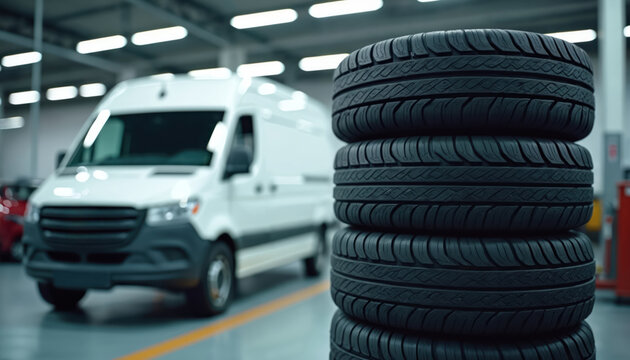 Stack of new tires ready for installation in a well-lit auto garage. Blurred van in background. Focus on tire quality, tread pattern, and readiness for vehicle maintenance and performance.