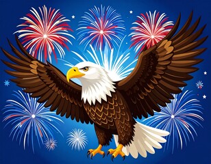 Obraz premium American Eagle and the Stars A majestic bald eagle the symbol of freedom and strength gazes with unwavering focus against a backdrop of the American flag. A national bird portrait