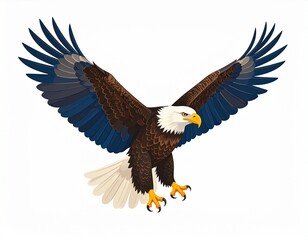Fototapeta premium American Eagle and the Stars A majestic bald eagle the symbol of freedom and strength gazes with unwavering focus against a backdrop of the American flag. A national bird portrait