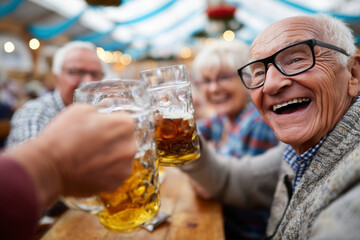 Group of seniors laughing and clinking glasses at a wooden Oktoberfest table, colorful tent interior,