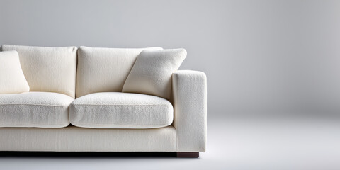 A luxury Italian designer sofa with sleek and elegant straight lines, minimalist silhouette, and refined proportions. Upholstered in premium off-white boucl with fine texture and