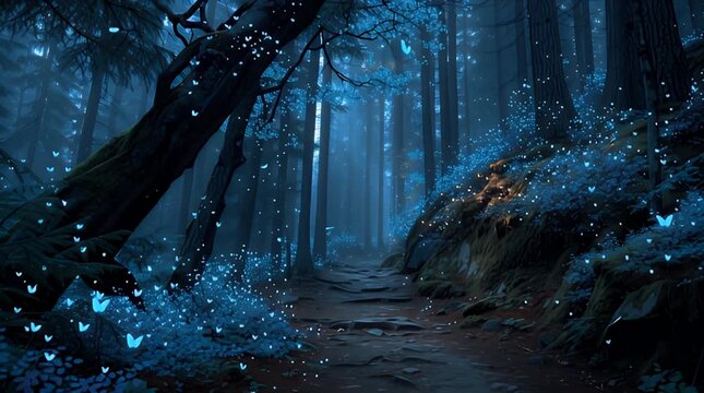 Enchanted Forest Path At Night With Glowing Insects