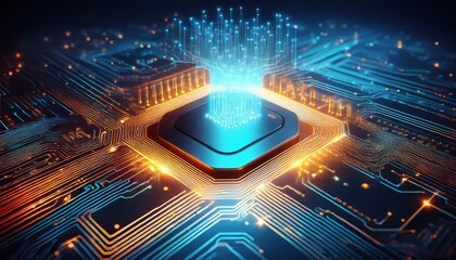 key chip technology concept microchip with bright sparks glowing on circuit board technology concept with vibrant light