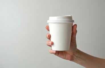 Hand holds white disposable paper coffee cup with lid. Take-away beverage container, blank for custom design branding. Eco-friendly, recyclable alternative for hot cold drinks. Convenient portable