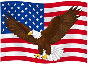 Fototapeta premium Bald Eagle with American Flag Background Patriotic Wildlife Symbol. A majestic bird usa freedom emblem national pride animal image for home decor.