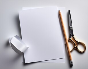 white paper with pencil and scissor on white background