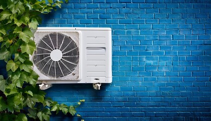 white air conditioner unit on blue brick wall with green vine hvac cooling system