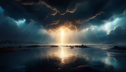 light piercing dark clouds over water