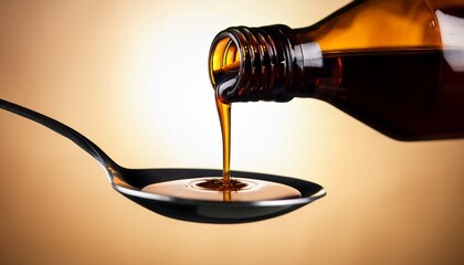 amber liquid pouring from bottle into spoon