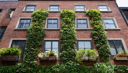 Fototapeta premium brick building facade with lush greenery and window boxes