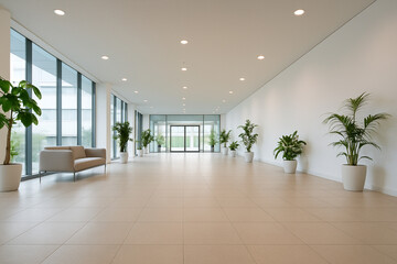 Fototapeta premium Spacious Modern Office Lobby with Potted Plants – Low Angle View, Bright Natural Light, Minimalist Virtual Background