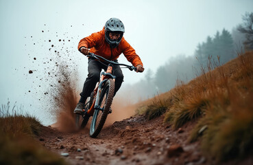 Naklejka premium Man in orange jacket rides mountain bike fast on dirt trail. Rider kicks up spray of dirt and rocks. He wears helmet and protective gear for extreme sport. Outdoor adventure in nature.