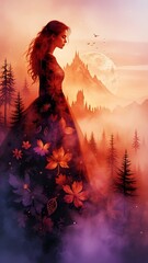 Epic Full-Body Portrait of a Beautiful Woman with Forest or Futuristic Castle in Double Exposure &ndash; Northern Lights and Galaxy Colors in Red, Orange, and Golden Hues (AI Generated)