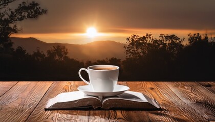 morning devotion coffee bible wooden table eye level photo