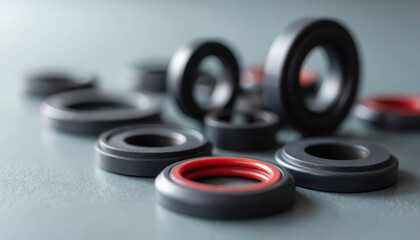 Close-up assortment of dark gray, red mechanical seals arranged on smooth surface. Vital industrial components feature precise circular shapes, rubber seals, essential for manufacturing, engineering
