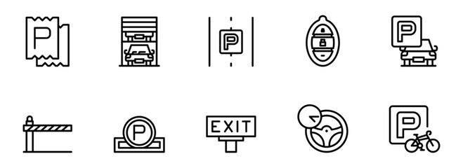 Parking Icons:  Modern Line Art Set for Web and App Design, Including Parking Tickets, Garage, Signs, and Bicycle Parking Symbols.