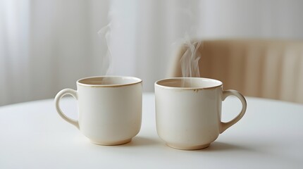 White Mugs on Table with Steam