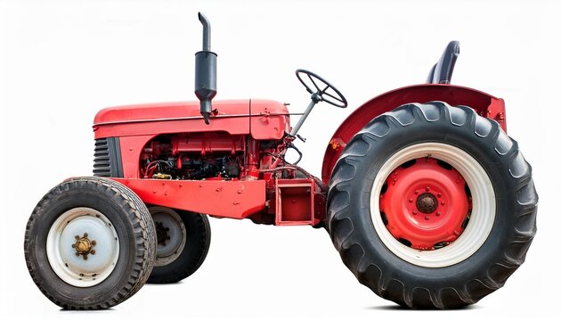 vintage red farm tractor with large rear tires and steering wheel on white background
