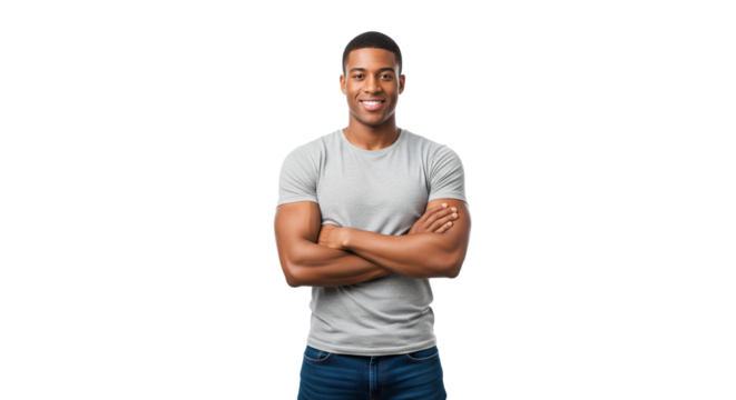 Junger, athletischer Mann mit schwarzen, kurzen Haaren steht vor transparenten Hintergrund, PNG