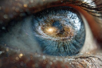 Obraz premium Macro close-up of a human eye reflecting an expansive galaxy, signifying seeing the universe within, ultra-detailed