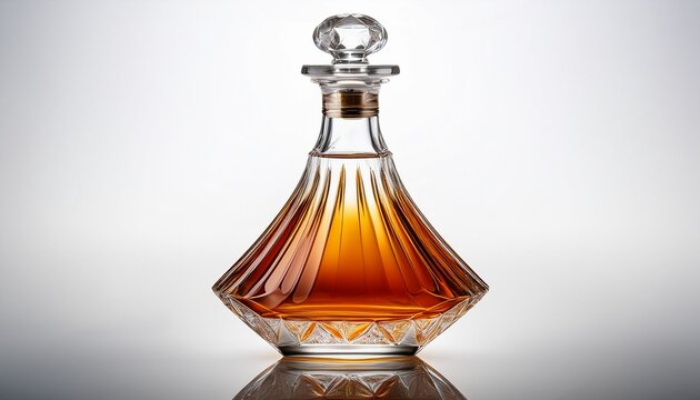 elegant crystal decanter filled with amber liquid featuring decorative facets and a matching stopper on white background