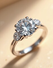 Close-up detailed illustration of luxury diamond engagement ring featuring large brilliant-cut center stone flanked by two smaller diamonds. Polished platinum band reflects light beautifully,