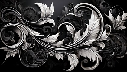 black floral scrollwork with swirling leaves and vines white