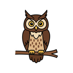 Obraz premium Brown owl perched on a branch with large eyes looking forward.