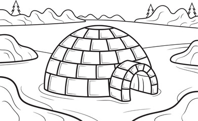 Winter Igloo Scene with Snowy Landscape and Pine Trees Vector Illustration for Coloring and Design, Igloo in snowy landscape, Winter igloo vector, Arctic igloo illustration, Snow house coloring page