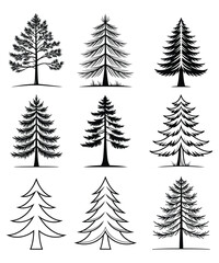 Obraz premium Nine Evergreen Tree Silhouettes Conifer, Pine, Fir, Christmas