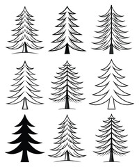 Obraz premium Nine Evergreen Tree Silhouettes Conifer, Pine, Fir, Christmas